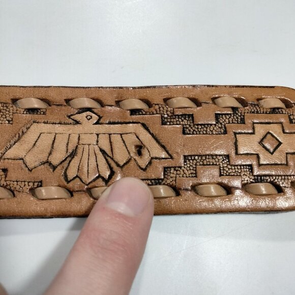 Justin Leather Belt Tooled Western Aztec Thunderbird Coachella Native American M - Picture 3 of 8